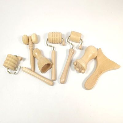 7pcsセット 木製マッサージキット グア・シャ・ローラーとマニュアル・ローラー 木製ボディ グア・シャ・マッサージツール